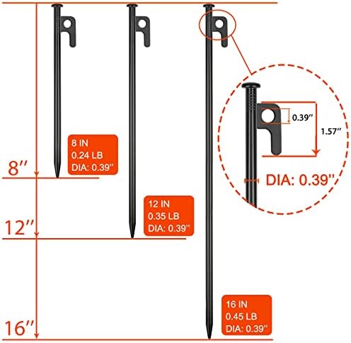 12 Pack Tent Stakes Heavy Duty Metal Tent Pegs for Camping Steel Tent Stakes 16 inch Unbreakable and Inflexible