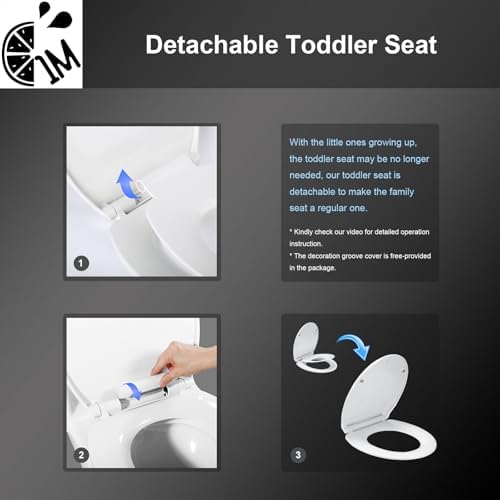 Round Toilet Seat with Toddler Seat Built In, 3X Slow Close FOR BOTH TODDLER & ADULT Seats, Potty Training Toilet Seat, No Wiggle and Easy to Install, Detachable Toddler Seat for Longterm Usage, White