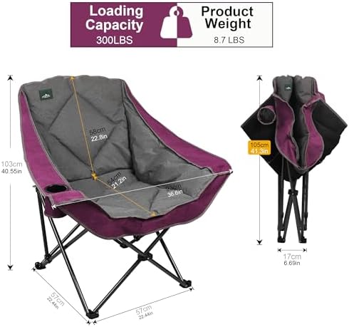 Oversized Foldable Camping Chair, Outdoor Padded Lawn Chair w/Cup Holder,Carry Bag for Beach, Hiking, and Picnics,Heavy-Duty 300-lbs Capacity, Purple