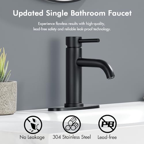 Black Bathroom Faucet, WINKEAR Single Hole Bathroom Faucet with Pop-up Drain and Flexible Hoses, Single Handle Faucet for Bathroom Sink, Vanity, RV, Modern Farmhouse, Suitable for 1 Hole or 3 Hole