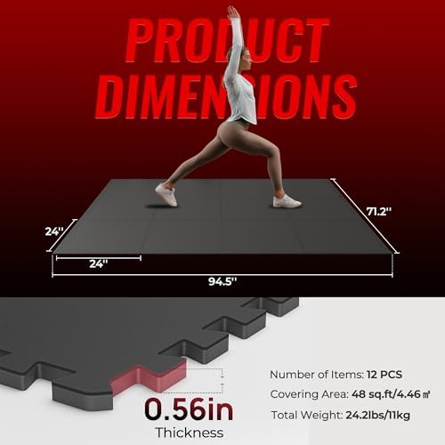 SUPERJARE 0.56'' Thick 12 Pcs 48 Sq Ft Rubber Top Exercise Equipment Mats, High Density EVA Foam Mats with Rubber Top, Interlocking Gym Flooring for Home Gym, Protective Workout Mat, Black