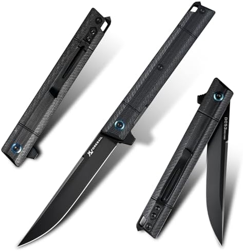 Flipper Pocket Folding Knife,DC53 Steel Blade and G10 Handle. With pocket clip and glass breaker,men's pocket knife hiking trip EDC tool Knife (Black PVD Blade-D)