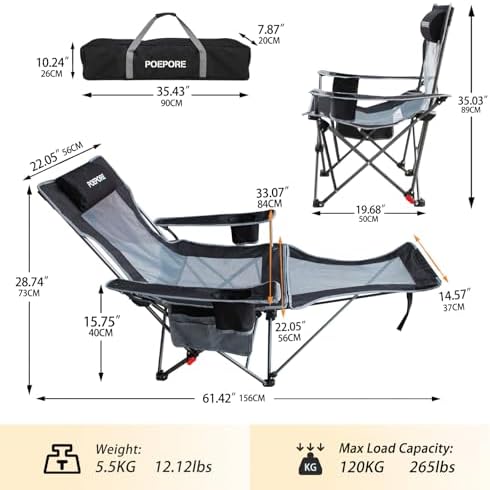 Reclining Camping Chair with Removable Footrest Lounge Chair with Headrest, Cotton Cushion, Portable Adjustable Folding Chairs for Adults Black