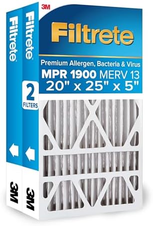 Filtrete 20x25x5 AC Furnace Air Filter, MERV 13, MPR 1900, Premium Allergen, Bacteria & Virus Filter, Electrostatic Air Cleaning Filter, 2-Pack (Actual Size 19.56 x 24.13 x 4.75 in)