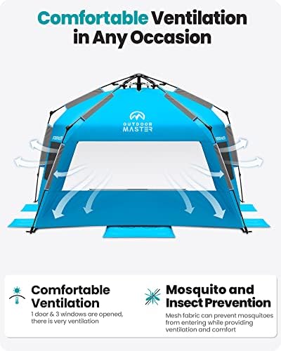 OutdoorMaster Beach Tent with Blackout Shelter Technology, Portable Beach Shade Sun Shelter Canopy for 4-6 Person with UPF 50+ UV Protection, Easy Setup Pop Up Tent Family Size