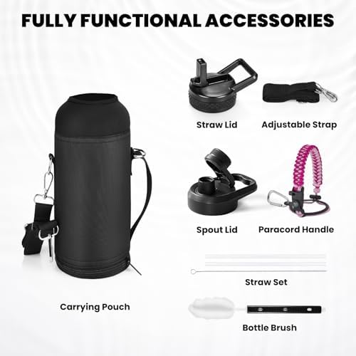 Insulated Water Bottle 40 oz, Triple Wall Vacuum Stainless Steel (Cold for 48 Hrs), Leak Proof & Non-BPA, Modern Water Flask Jug with Paracord Handle & Straw Spout Lids, Ombre Pink