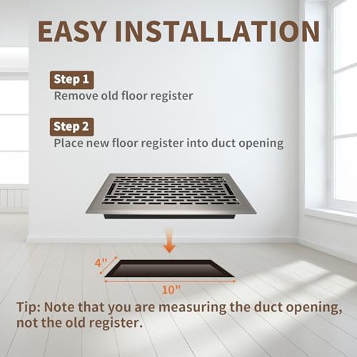 Floor Register 4x10 Inches - Heavy Duty Walkable Steel Floor Vents - Ease Adjust Air Flow Direction Floor Registers - Satin Nickel Floor Vent Covers - Boston Design Air Vents for Home