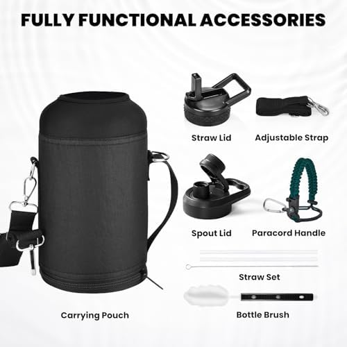 Insulated Water Bottle 64 oz, Triple Wall Vacuum Stainless Steel (Cold for 48 Hrs), Leak Proof & Non-BPA, Half Gallon Water Flask Jug with Paracord Handle & Straw Spout Lids, Dark Green