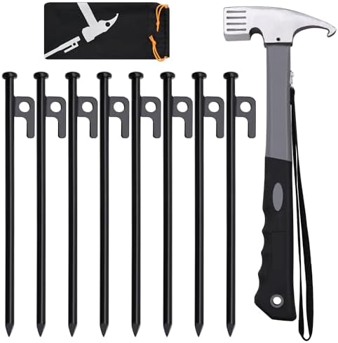 Forged Steel Tent Stakes, 8/16pcs, Heavy Duty ,10in and 12in Camping Hammer Set + Storage Pouch, Available in Rocky Place Dessert Snowfield and Grassland