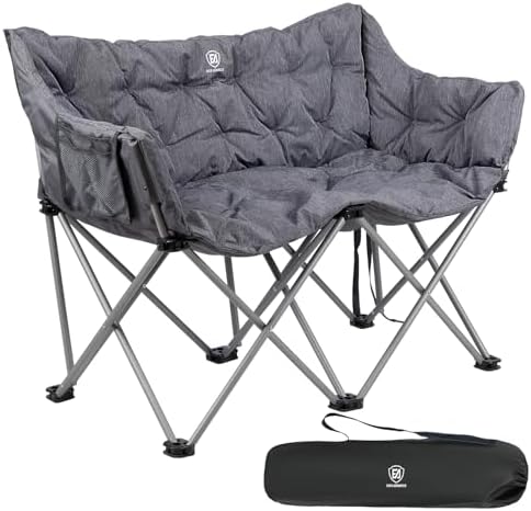 EVER ADVANCED Double Camping Chair for Adults, Padded Folding Camping Love Seat Bench with Side Pocket Portable Camping Couch, Two Person Heavy Duty Folding Outdoor Chair with Cushion,Support 600lbs
