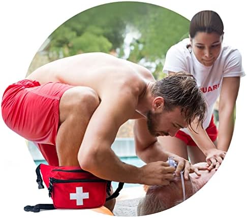 Lifeguard Fanny Pack Red with Whistle Lanyard - Baywatch Style First Aid Hip Pack, Adjustable Strap, Cross Logo + Zipper Pouch, 10 Pack