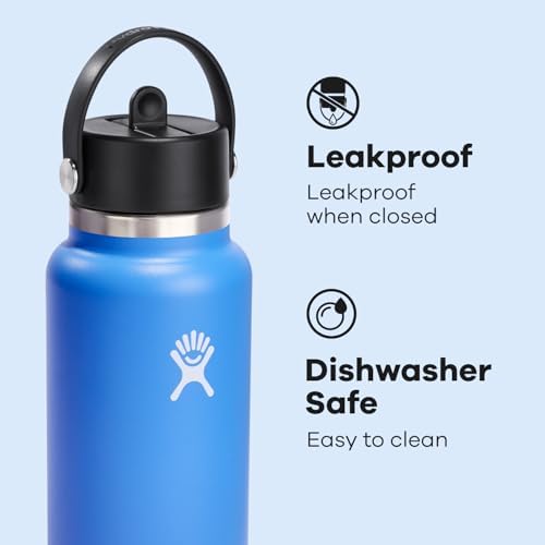 HYDRO FLASK Wide Mouth vacuum insulated stainless steel water bottle with leakproof closeable straw lid for cold water drinks, sports, travel, car and school