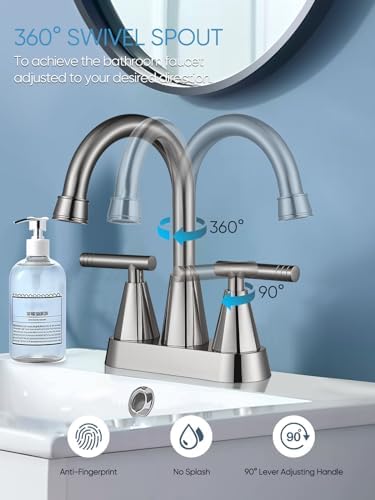 Cobbe 4 inch Brushed Nickel Bathroom Faucets with Pop up Drain and Two Supply Hoses, Lead-Free Stainless Steel 2 Handle Centerset Faucet for Vanity, RV