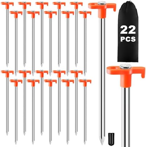 CHERAINTI Tent Stakes, 22 Pcs Heavy Duty Metal Stakes for Ground with Storage Bag, 9.84 Inch Galvanized Non-Rust Camping Tent Pegs Ground Spikes for Camping Tarp Garden Hiking, Orange