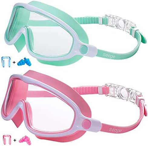 Seago Swim Goggles 2 Pack Anti-Fog Anti-UV Wide View Swimming Goggles for Kids 3-15
