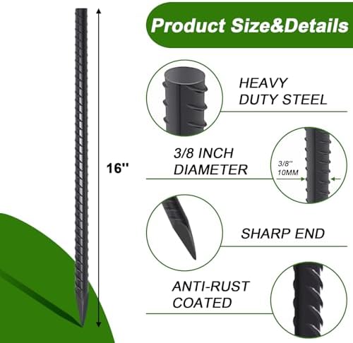 AAGUT 16 Inch Rebar Stakes Heavy Duty 16 Pack 3/8’’ Diameter Landscape Timber Spikes, Straight Stakes with Chisel Point End, Ground Anchors for Camping Tent, Garden Plant Support, Concrete, Black
