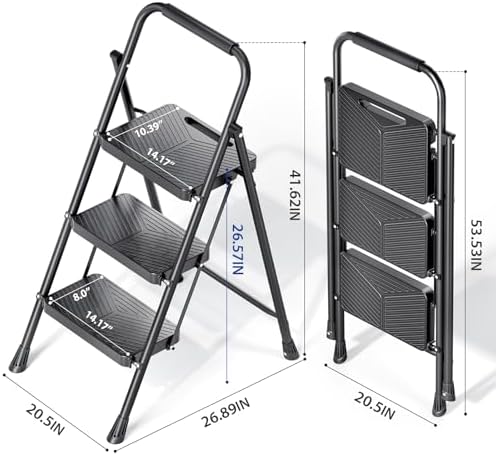 KINGRACK Folding 3 Step Ladder, Portable Ladder for Multi-Purpose, Home, Kitchen, Heavy Sturdy Steel Step Stool with Anti-Slip Wide Pedals, Handrail, Safe-Lock Design, Pass 500lbs Load Testing, Black