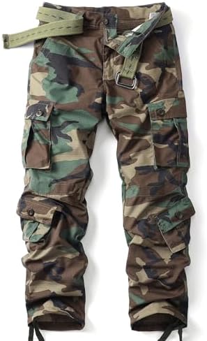 Men's Camo Cargo Work Pants Ripstop Lightweight Wild Army Military BDU Outdoor Trousers with 8 Pocktets (No Belt)