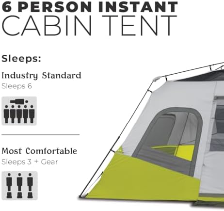 CORE Instant Cabin Tents | 6 Person / 9 Person / 10 Person / 12 Person Family Cabin Multi Room Pop Up Tents Car Camping | Included Storage Pockets for Camping Accessories