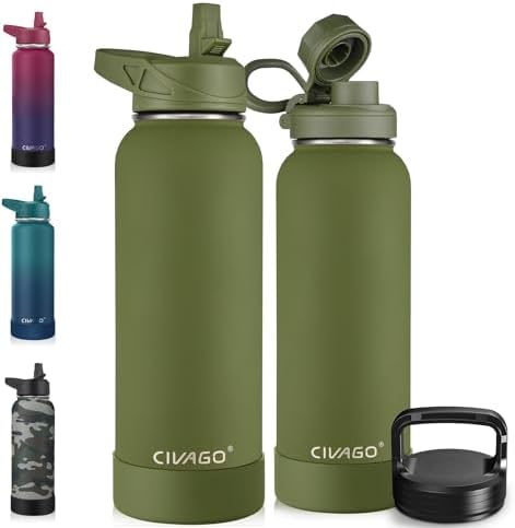 CIVAGO 40 oz Insulated Water Bottle With Straw, Stainless Steel Sports Water Cup Flask with 3 Lids (Straw, Spout and Handle Lid), Double Walled Travel Thermal Canteen Mug, Army Green