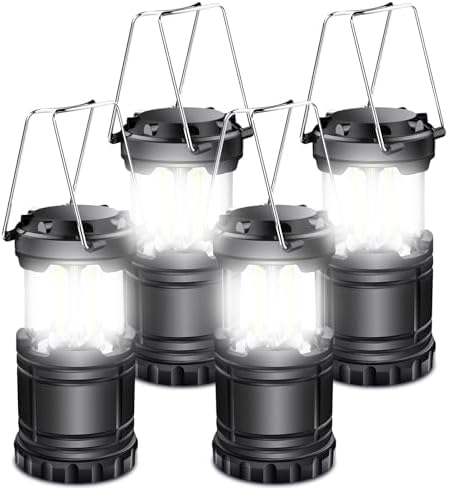 EXTRASTAR 4 Pcs LED Camping Lantern, Battery Powered Compact LED Lanterns, Suitable Survival Kits for Hurricane, Waterproof Portable Emergency Light for Storm, Outages, Black