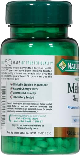 Nature's Bounty Melatonin, Promotes Relaxation & Sleep, 100% Drug Free Sleep Aid, 3 mg, 120 Quick Dissolve Tablets (Pack of 3)