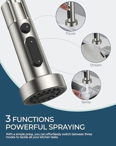 FORIOUS Kitchen Faucet with Soap Dispenser, Burhsed Nickel Stainless Steel Single Handle Modern Spring Commercial Sink Faucet with Pull Down Sprayer for RV Camp Bar Farmhouse