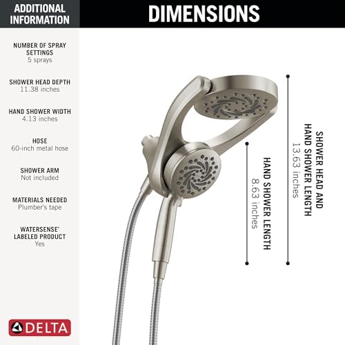 Delta Faucet 5-Setting HydroRain 2-in-1 Dual Shower Head with ProClean Spray, Satin Nickel Round Shower Head with Hose, Hand Held Shower Head, Satin Nickel 75419SN