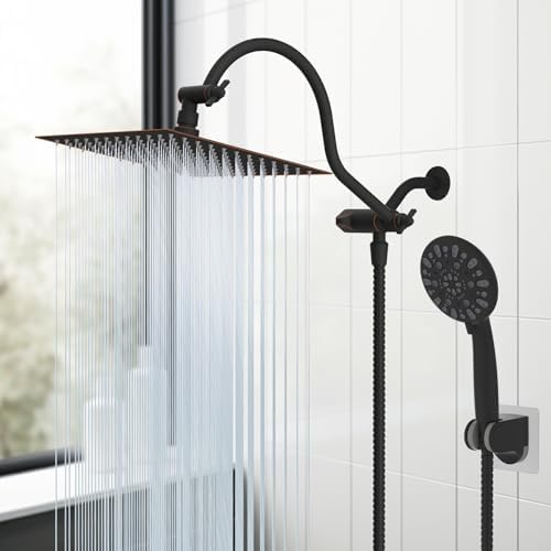 Hibbent All Metal Shower Head, 10'' High Pressure Rainfall Shower Head/Handheld Showerhead Combo with 12'' Adjustable Curved Shower Extension Arm, 7-Spray, 71'' Hose, Shower Holder, Oil Rubbed Bronze