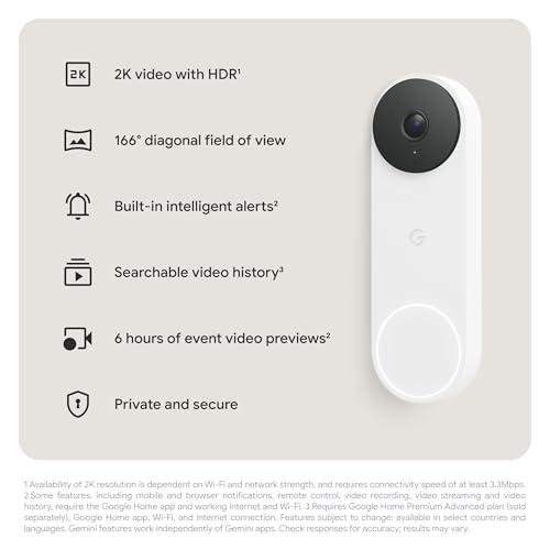 Google Nest Doorbell (Wired, 3rd Gen) - 2K Video and Gemini, Live View, Night Vision, 2-Way Audio - Works with Google Home - 2025 Model - Snow