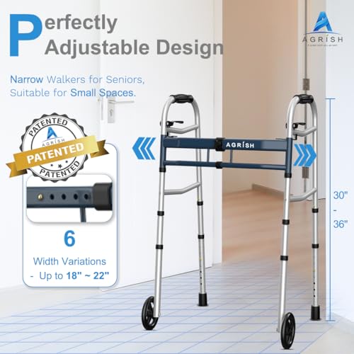 Agrish Narrow Walkers with Storage Bag - FSA/HSA Eligible Width Height Adjustable Walker, Lightweight Folding Walkers for Seniors Handicapped & Disabled, Up to 350 lbs