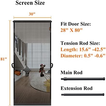 MAGZO Hanging Screen Door, Fits Door Size 28" x 80" (Curtain Size 30'' x 81''), Upgraded Fiberglass Mesh Net with Tension Rod&Hook&Loop (One Piece Can be Installed in 2 Ways), Weighted Bottom, Grey