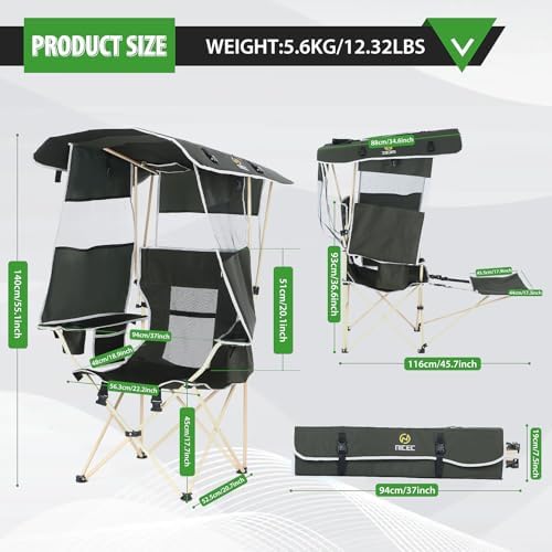 Nice C 2-P Green Camping Chair with Canopy, Shades, Removable Footrest, Cooler Bag, Cup Holder, Foldable, Portable, Outdoor, 400 lbs Capacity