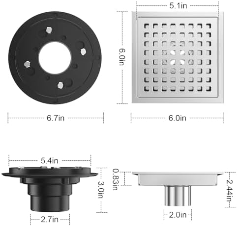 EXF 6 Inch Square Shower Drain Chrome, Stainless Steel Shower Floor Drain Kit with ABS Flange, Removable Grid Cover, Hair Strainer