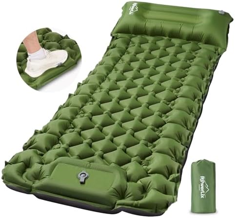 POWERLIX Camping Sleeping Pad with Built in Pillow, Ultralight Camping Mattress Airpad for Outdoor Backpacking Hiking Travelling, Compact Self Inflating Camping Mat, Foot Pump to Inflate