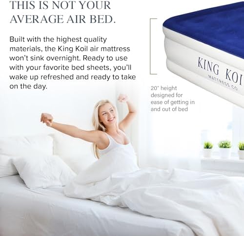 King Koil Luxury Twin Air Mattress with Built-in Pillow Top & Integrated High-Speed Patented Pump – 20" Inflatable Twin Blow Up Airbed for Camping, Home & Guests, Waterproof, 1-Year Warranty
