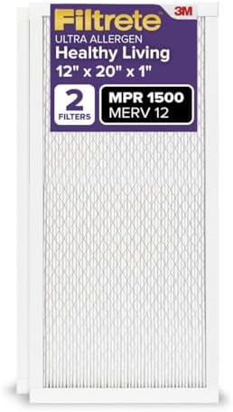 Filtrete 12x20x1 AC Furnace Air Filter, MERV 12, MPR 1500, CERTIFIED asthma & allergy friendly, 3 Month Pleated 1-Inch Electrostatic Air Cleaning Filter, 2-Pack (Actual Size 11.81x19.81x0.78 in)