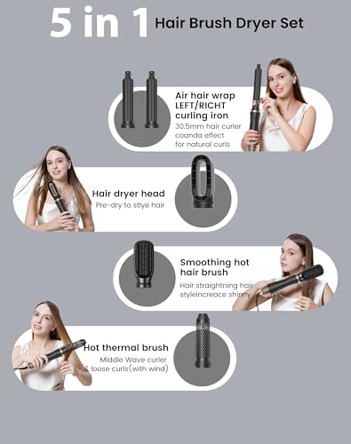 Hair Blow Dryer Styler Set, 5 in 1 Hot Air Brush Auto Wrap Curlers & Straightener & Volumizer Pro Kit, Ionic Technology, 60000RPM High Speed Drying, Round Comb Multi Styler Anion Electric