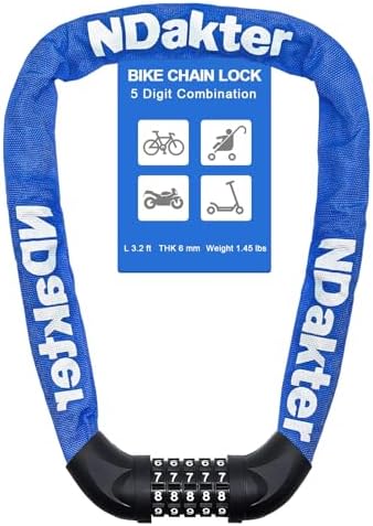 NDakter Bike Chain Lock, 5 Digit Combination Heavy Duty Anti Theft Bicycle Chain Lock,2.62/3.2/4.27/5/6Ft Long Security Resettable Bike Locks for Bike, Bicycle, Scooter, Door, Gate, Fence-4/6mm Thick