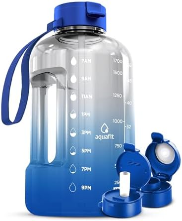 AQUAFIT Half Gallon Water Bottle With Times To Drink - 64 oz Water Bottle With Straw - Water Jug - Motivational Large Sports Water Bottle With Time Marker for Gym
