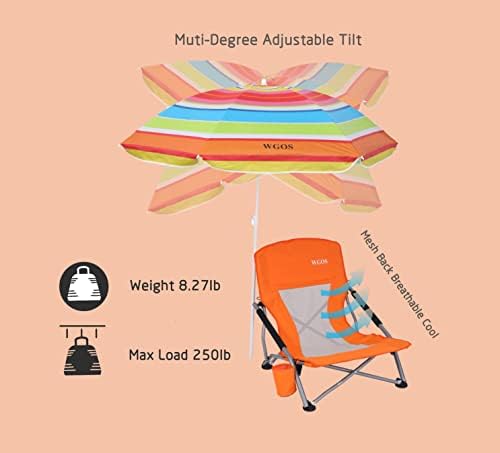 Low Beach Chair for Adults Beach Chair with Umbrella Folding Chair Detachable SPF 50+ Umbrella, Armrests, Cup Holder, Portable Sand Chair (2-Pack Orange)
