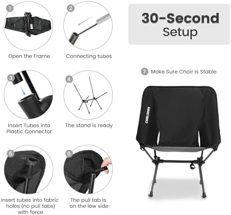 CAMEL CROWN Portable Camping Chair Folding Compact Lawn Lightweight Backpacking Chair with Carry Bag for Outdoor Hiking Beach Travel Picnic Festival Black