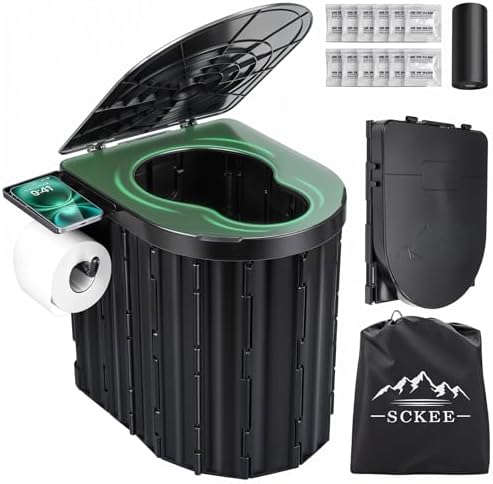 Sckee Camping Toilet, Portable Toilet for Adults, Portable Travel Floding Toilet with Lid and Paper Holder, Compact Potty for Car, Camp Toilet Portable Toilet for Camping, Hiking,Truck, RV, Beach