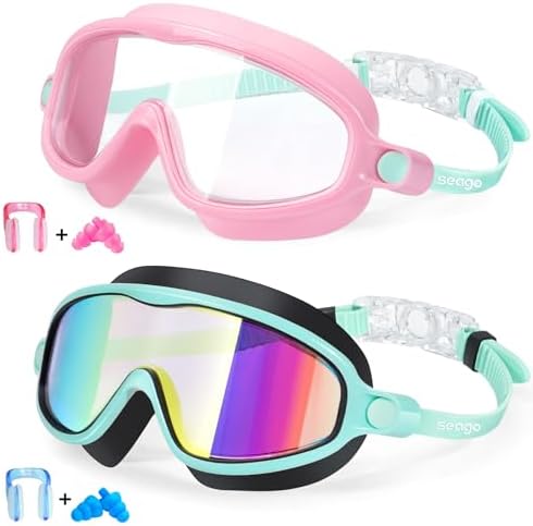 Seago Swim Goggles 2 Pack Anti-Fog Anti-UV Wide View Swimming Goggles for Kids 3-15