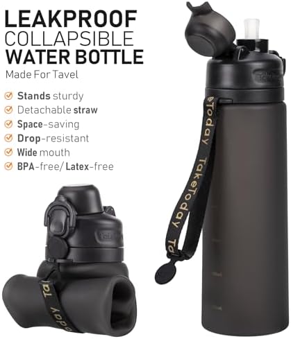 Collapsible Water Bottles 20oz, Leak Proof, BPA-Free, Foldable Silicone Travel Water Bottle with Straw Strap for Cycling, Hiking, Outdoors