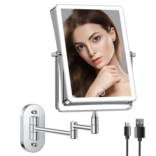 FASCINATE Rechargeable Wall Mounted Makeup Mirror, Bathroom Mirror Rectangle 8.7 Inch Double Sided 1X 10X Magnifying, 3 Color Setting, Extended Arm 360° Swivel Foldable Chrome