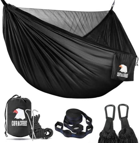 Covacure Camping Hammock - Lightweight Double Hammock, Hold Up to 772lbs, Portable Hammocks for Indoor, Outdoor, Hiking, Camping, Backpacking, Travel, Backyard, Beach(Black)