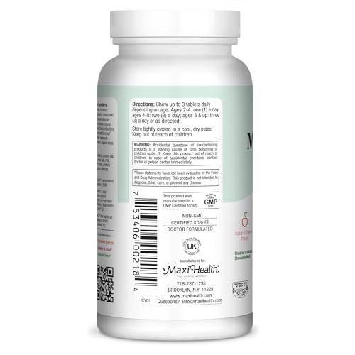 Maxi Health Chewable Multivitamin for Kids, Teens and Adults - Cherry Chewable Vitamins for Adults & Children - Kosher Kids Multivitamin + Iron (180 Tablets)