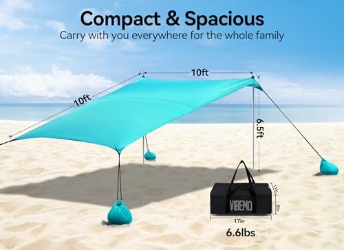 Beach Tent, Camping Sun Shelter 10 x 10ft, with 4 Sandbags, UPF50+, Includes Sand Shovel, Ground Pegs & Stability Poles, Pop Up Beach Canopy Sunshade for Fishing, Backyard Fun or Picnics (Cyan)
