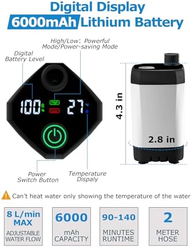 innhom 6000mAh Portable Shower Camping Shower Outdoor Camp Shower Pump, 2 Mode Electric Rechargeable Portable Camping Shower